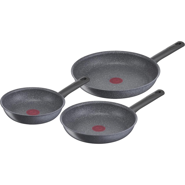 Set 3 tigai Tefal Natural On G28090, 20/24/28 cm, acoperire antiaderenta Mineralia, Thermo Signal, inductie, Gri