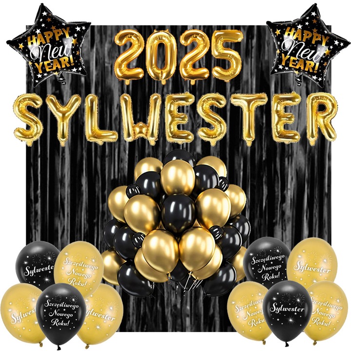 Set de baloane pentru Anul Nou 2025, Party deco, 35cm, auriu/negru