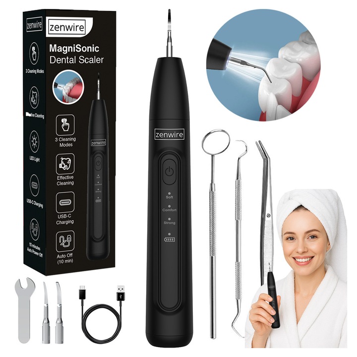 Fogkőeltávolító eszközkészlet, Zenwire, J09, fogkőeltávolító eszköz, Ultrahangos fogászati fogkőeltávolító, 3 üzemmód, LED, időzítő, USB-C, 800 mAh, 2 fej, fejszerelő kulcs, USB-C töltőkábel