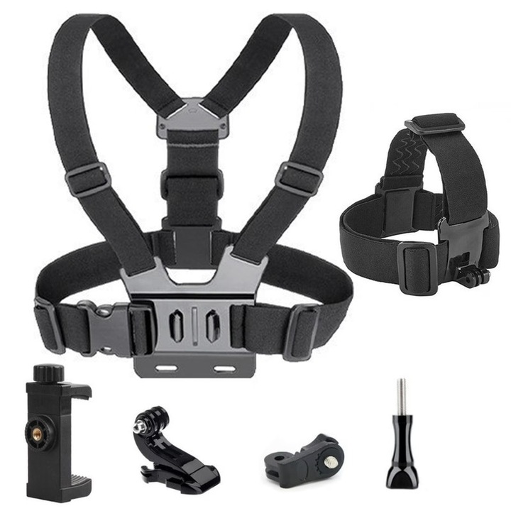 Set suport 6-in-1 pentru camere de actiune si smartphone-uri, ajustabil, design anti-alunecare, negru