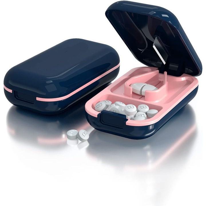 Cutter mic de pastile, zdrobitor de pastile portabil si dragut pentru geanta (Cutter de pastile, albastru)