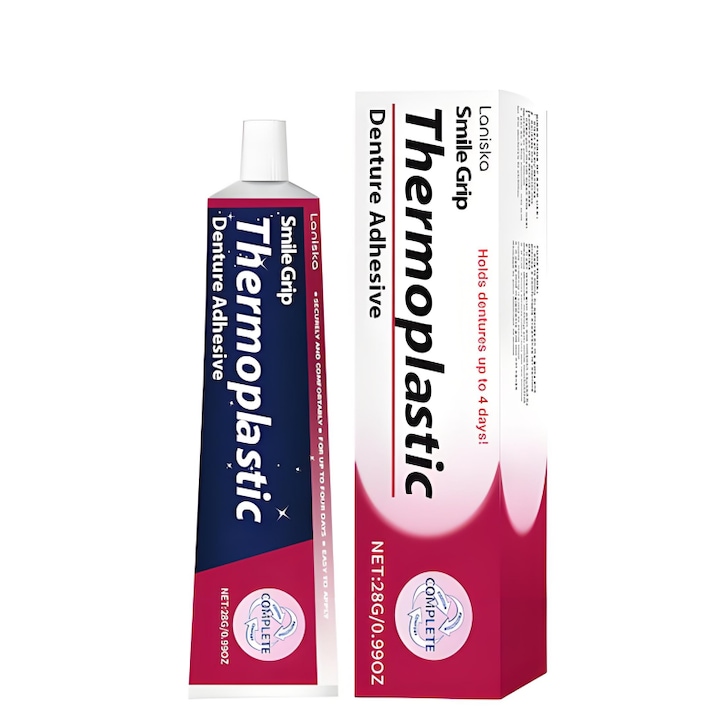 Adeziv termoplastic pentru proteze dentare, Laniska, cu o formula blanda, durabil, fixare ferma si confortabila, utilizat pentru restaurarea protezelor dentare si ingrijirea orala, mentine functiile normale ale gatului si cavitatii bucale, 28 g