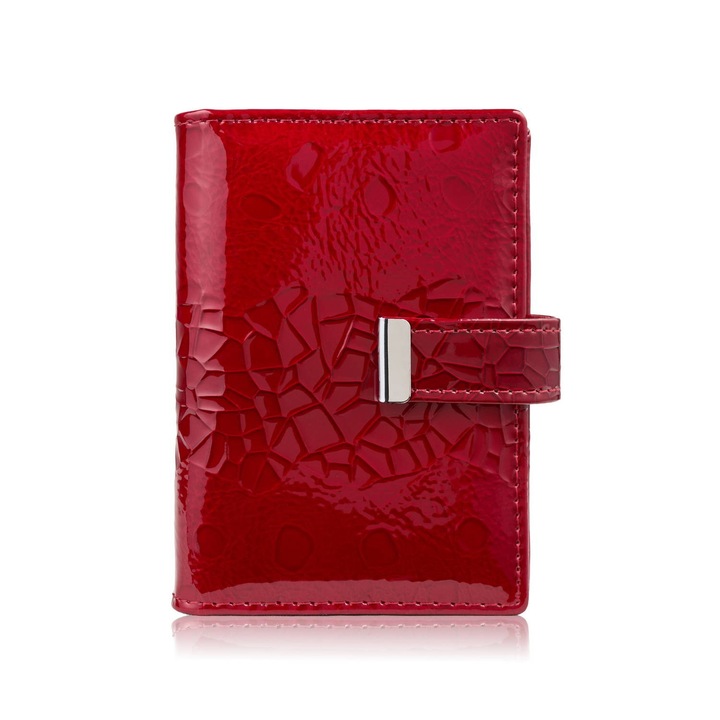 Portofel dama Jennifer Jones, piele naturala lacuita, 20 compartimente carduri, rosu, 8x11x2cm