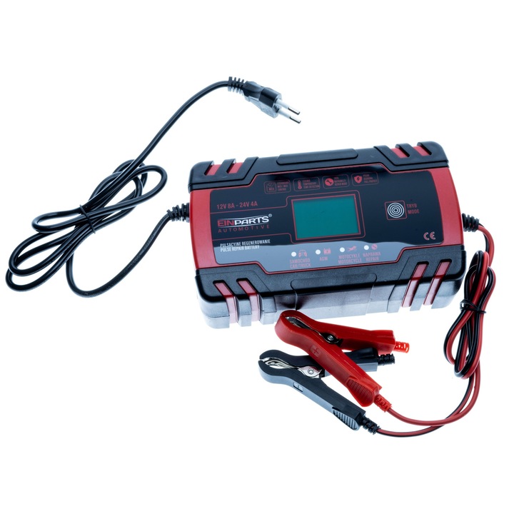 Redresor auto EinParts 8A 12/24V, cu functie de reparare, sistem de racire, 17x10x5,5 cm