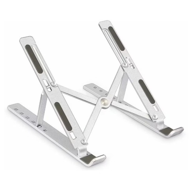Suport pentru laptop, tableta sau telefon, argintiu din aluminiu, pliabil, compatibil cu dispozitive de la 10 la 16 inch, cu 6 unghiuri de inclinare