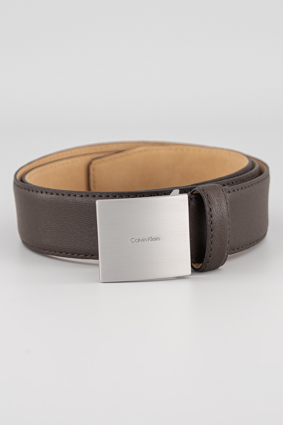 CALVIN KLEIN, Curea de piele cu catarama metalica, Maro inchis, 100