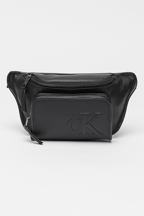 CALVIN KLEIN JEANS, Műbőr övtáska zsebbel, Fekete