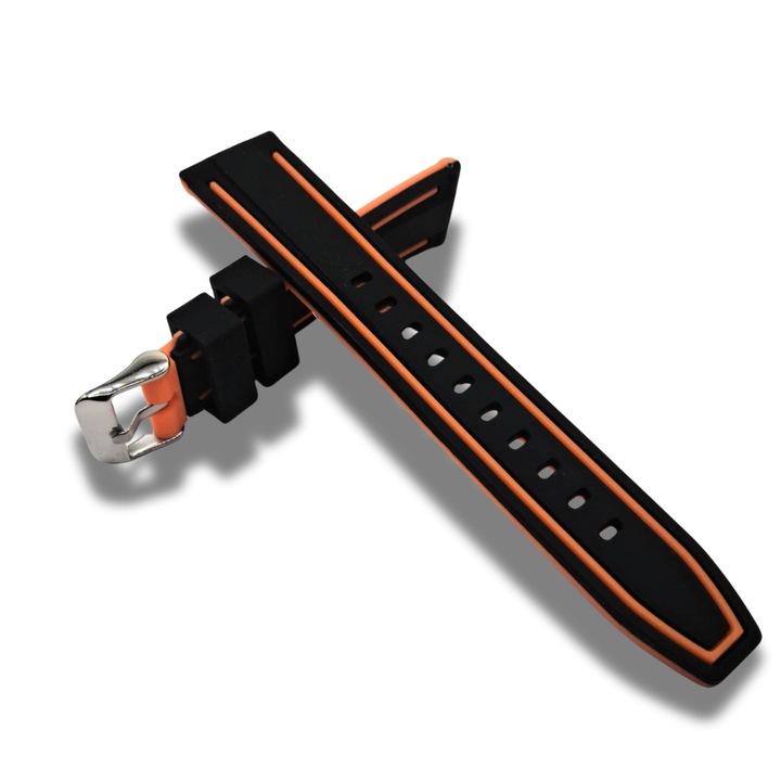 Каишка за часовник, силиконова, черна-оранжева, мм, класическа сребърна катарама