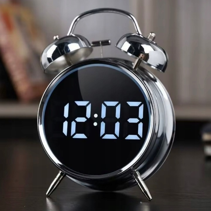 Ceas desteptator digital retro cu clopotei, Zola, ora, data si temperatura, control vocal, mod nocturn, lumina reglabila, 16 x 10 x 5 cm, argintiu