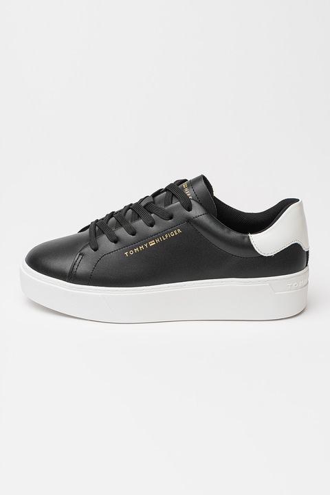 Tommy Hilfiger, Pantofi sport flatform din piele Chic, Negru/Alb optic