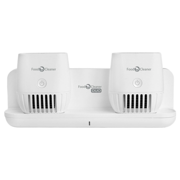 Set dispozitive spalare alimente, SR Tech, Food Cleaner DUO 3.0, 2 module, fara fir, IPX7, tehnologie electrolitica, statie andocare USB-C, certificat PZH, protectie antioxidanta, elimina bacterii, pesticide, metale grele, fara chimicale