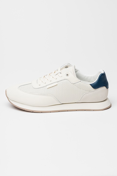 CALVIN KLEIN, Pantofi sport din piele cu design perforat, Gri deschis/Alb murdar/Bleumarin
