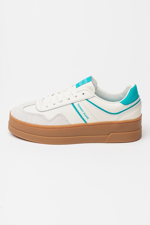 Tommy Jeans, Pantofi sport flatform din piele, Caramel/Alb murdar/Verde menta