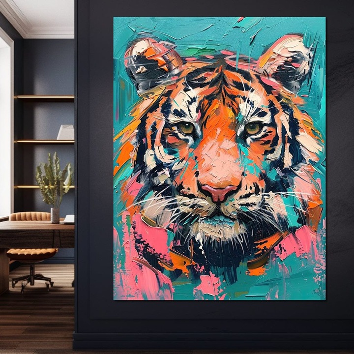 Премиум Канава Картина, LuxCanva® M1435, Модерен Поп Тигър, 100 X 135 СМ, 100% Памучно Платно 400гр/м2, Дървена Рамка, Пастел, Ярки Цветове, Картина, Боя, Тигър, Котка, Джунгла, Поп Арт, Абстрактен, Офис, Всекидневна, Детска Стая