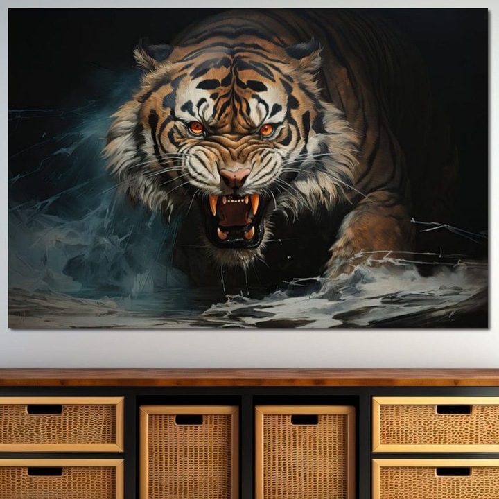 Tablou Canvas Premium, LuxCanva® M1437, Mania Naturii, 70 X 100 CM, Panza Bumbac 100% 400g/m2, Sasiu Lemn, Furios, Puternic, Intunecat, Atac, Raget, Colti, Tigru, Fiara, Felina, Salbatic, Birou, Living, Camera Copil