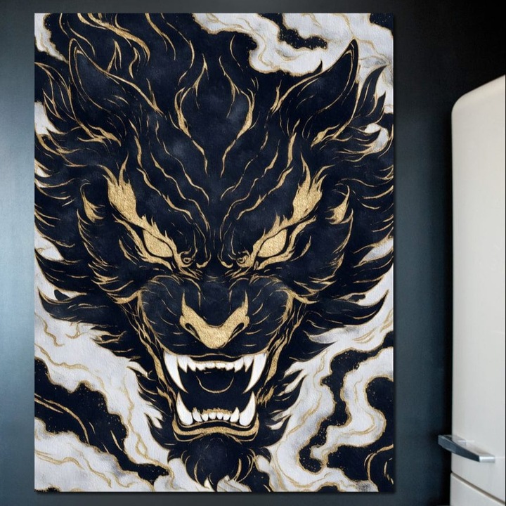 Tablou Canvas Premium, LuxCanva® M1438, Blestem Oriental, 100 X 135 CM, Panza Bumbac 100% 400g/m2, Sasiu Lemn, Tigru, Abstract, Marmura, Auriu, Colti, Furie, Dragon, Zeu, Legenda, Mit, Bestie, Birou, Living, Camera Copil