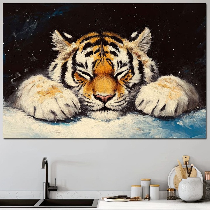 Tablou Canvas Premium, LuxCanva® M1443, Vise sub Stele, 40 X 60 CM, Panza Bumbac 100% 400g/m2, Sasiu Lemn, Tigru, Felina, Gheare, Somn, Relaxare, Pictura, Vis, Noapte, Blanos, Linistit, Birou, Living, Camera Copil