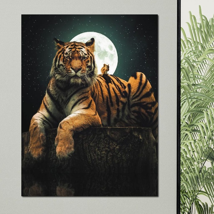 Премиум Канава Картина, LuxCanva® M1444, Приятелство под лунна светлина, 90 X 120 СМ, 100% Памучно платно 400гр/м2, Дървена рамка, Катерица, Гризачи, Тигър, Котка, Пълна Луна, Звезди, Нощен, Дънер, Величие, Офис, Всекидневна, Детска Стая
