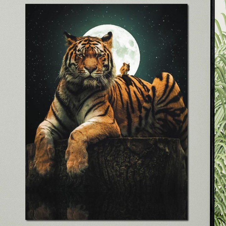 Tablou Canvas Premium, LuxCanva® M1444, Prietenie sub Clar de Luna, 90 X 120 CM, Panza Bumbac 100% 400g/m2, Sasiu Lemn, Veverita, Rozatoare, Tigru, Felina, Luna Plina, Stele, Nocturn, Bustean, Maretie, Birou, Living, Camera Copil