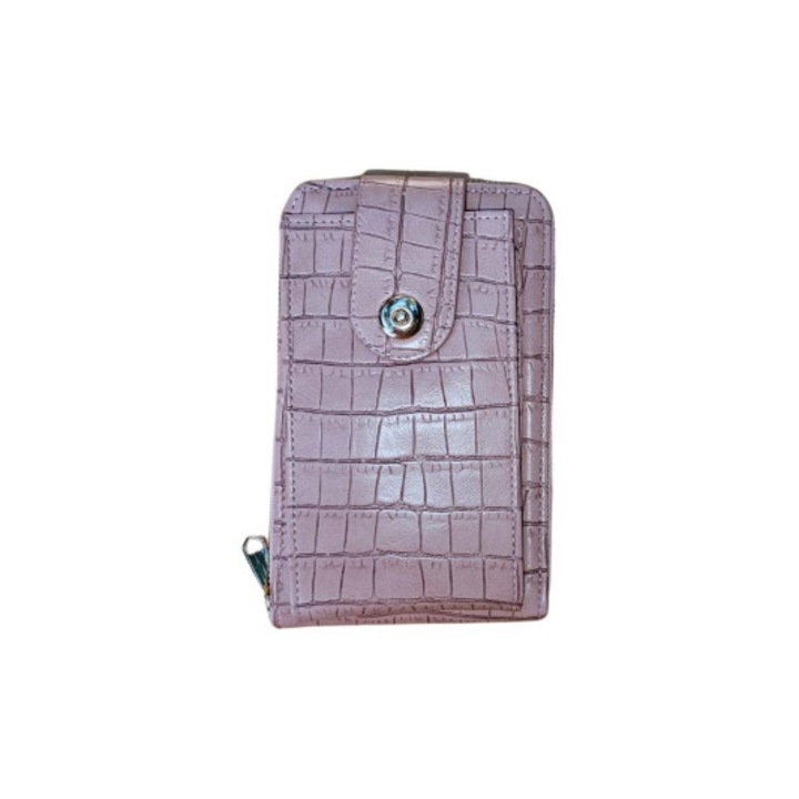 Női pénztárca típusú táska telefontartó rekesszel, ökológiai bőr, rózsaszín virágokkal