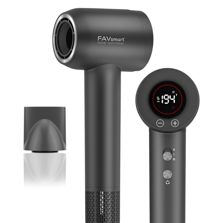 Професионален сешоар FAVsmart F09, 1600W, Безчетков мотор 110000 об/мин, 200 милиона отрицателни йони, LED дисплей, 4 температурни режима, 2 скорости – Бързо сушене, Гладка, блестяща и без наелектризиране коса, Тъмно сив