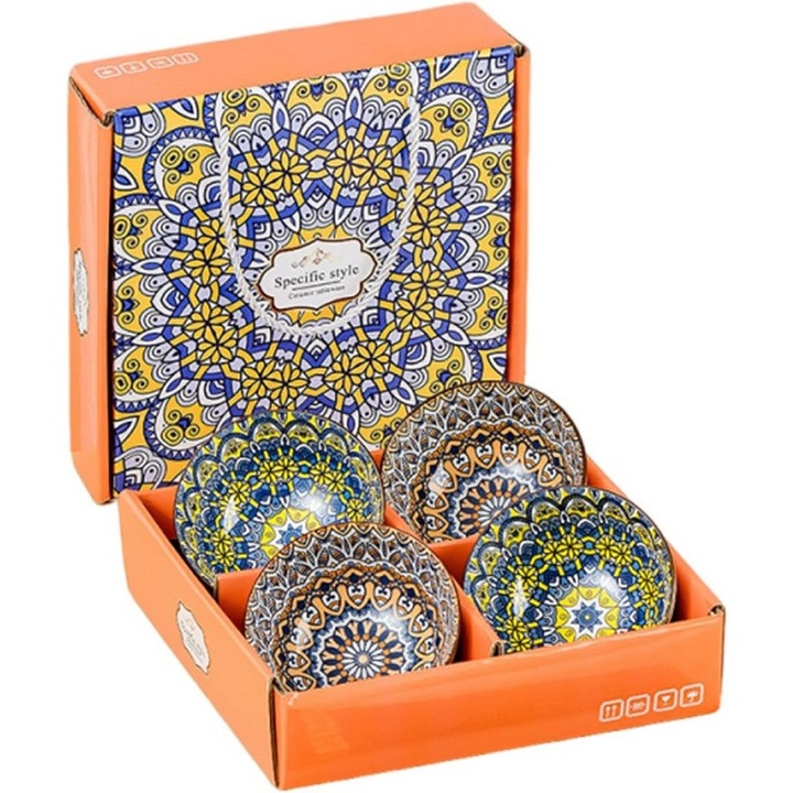 Комплект от 4 керамични купи KuviKoo™, бохемски и японски стил, многоцветни, ръчно декорирани, подходящи за ориз и сосове, безопасни за фурна и съдомиялна машина