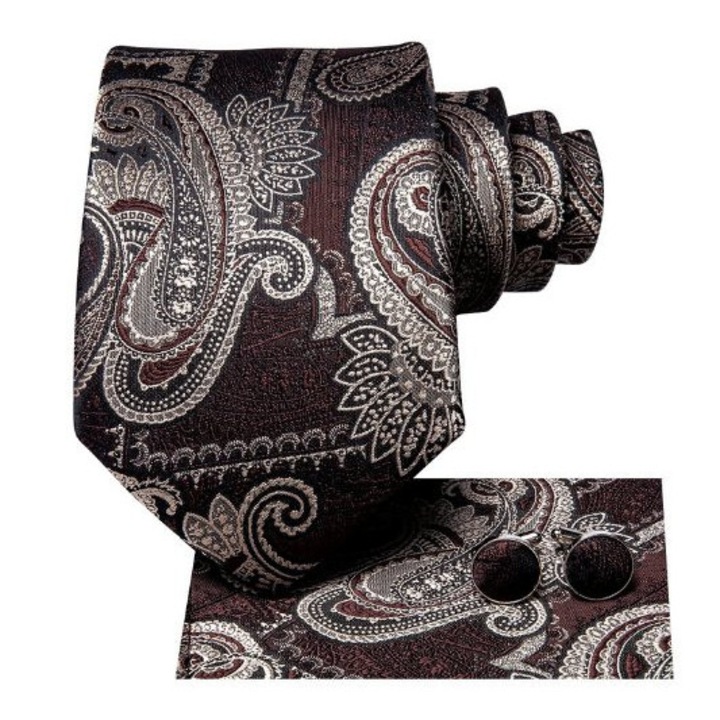 Set cravată matase + batistă + butoni, nuanțe de maro, model abstract, SCR084