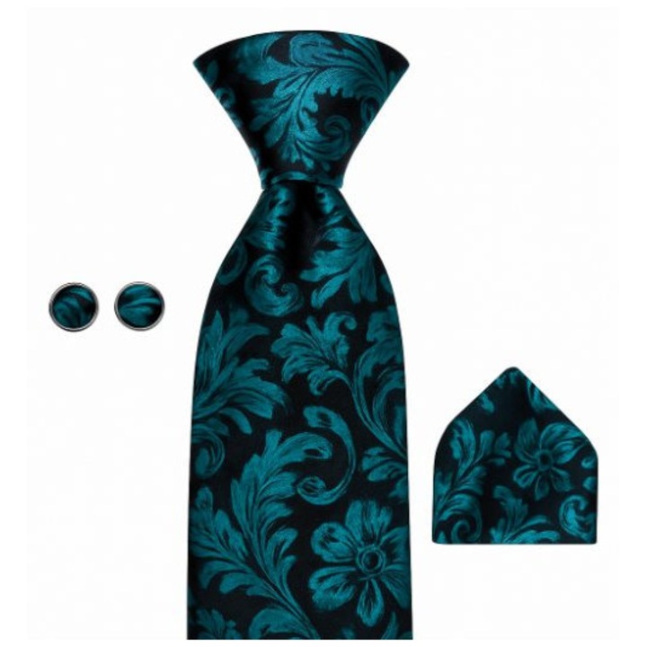 Set cravata matase + batista + butoni, culoare negru cu turquoise, model floral, SCR051