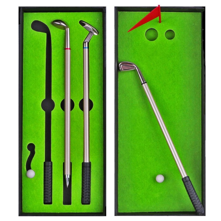 Set Mini Golf, SINBINTA, 2 mingi, 3 pixuri, antiderapant, verde, 25x11x4cm