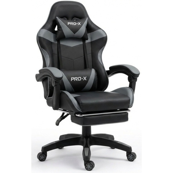 GOBORELAX Scaun gamer cu functie de masaj si suport pentru picioare - negru-gri