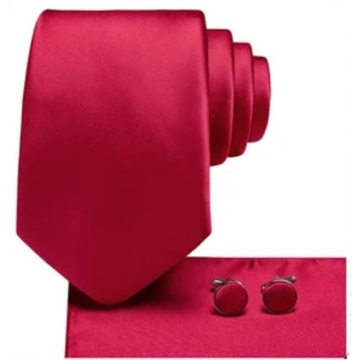 Комплект копринена вратовръзка + кърпичка + копчета за ръкавели, червен, едноцветен модел, SCR098