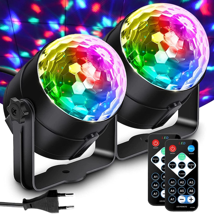 JAJALUYA Discobol LED Party Lámpa, zenevezérelt diszkógömb 7 színnel, távirányító, RGB diszkó fényeffektusok, 360°-ban forgó diszkólámpa, partifény bulikhoz, születésnapokhoz (2 darabos csomag)