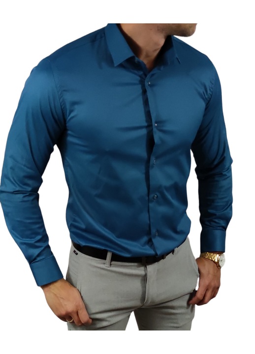 Camasa casual, Espada, slim fit, bumbac/poliester, cu maneca lunga, albastru, M INTL