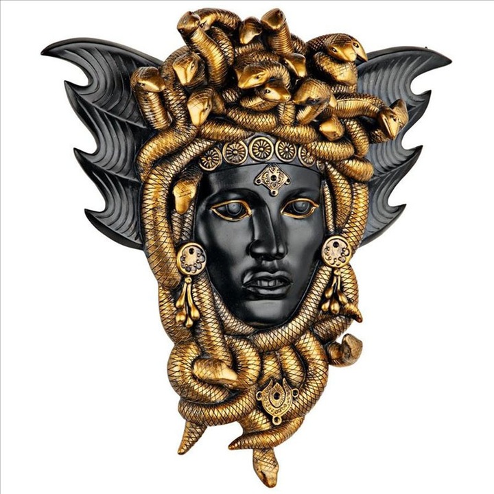 Piesa decorativa de perete Medusa, placa sculpturala din rasina cu cap de sarpe, motiv mitologic grecesc, albastru-negru, ideal pentru dormitor sau sufragerie