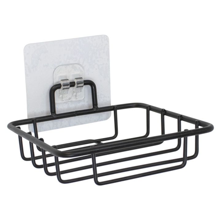 Suport sapun, savoniera, depozitare bureti sau accesorii mici, Frandis, 11x11x5 cm, metal negru, montaj usor, carlige autoadezive, fixare puternica, model 190333