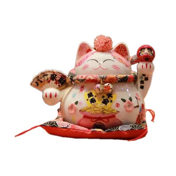 Dekoratív szerencsemacska legyezővel és Darumával