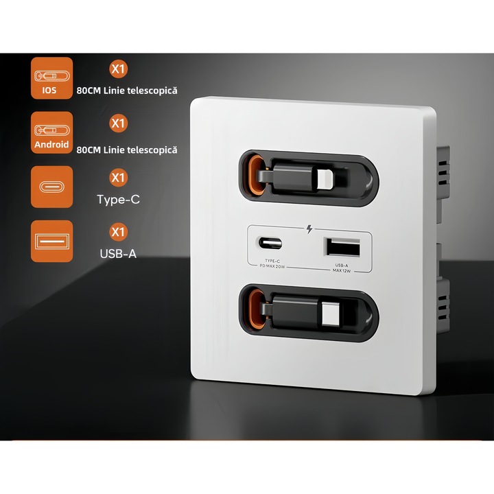 Priza de perete Poisoon® cu Incarcare Rapida 20W, Cabluri retractabile lungime 0.8m USB-C si Lightning, Porturi USB-A si USB-C, 16A，1x USB-A, 1x USB-C, PD 20W, alb, 86x86x7mm