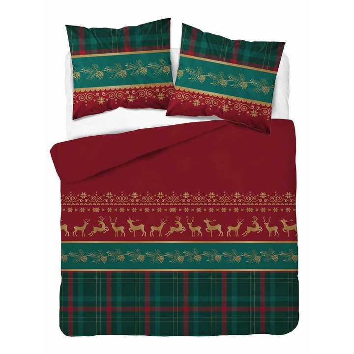 Lenjerie de pat flanel Detexpol, Magic of Christmas, roșie cu reniferi și carouri, 220x200 cm, 100% bumbac, certificat OEKO-TEX