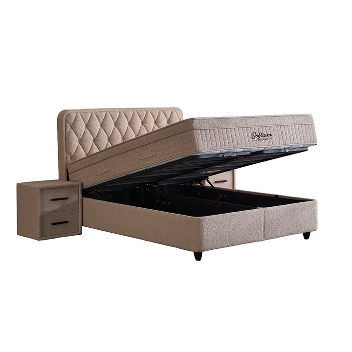 Set Pat cu Saltea si Somiera rabatabila Prestige Bej, lada depozitare, 160x200 cm