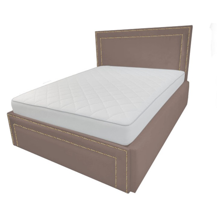 Pat tapitat Old Money, 140/200 cm, maro 253, cu somiera metalica rabatabila si spatiu de depozitare