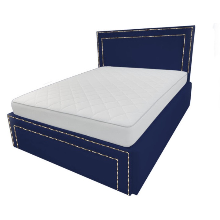 Pat tapitat Old Money, 140/200 cm, albastru 241, cu somiera metalica rabatabila si spatiu de depozitare