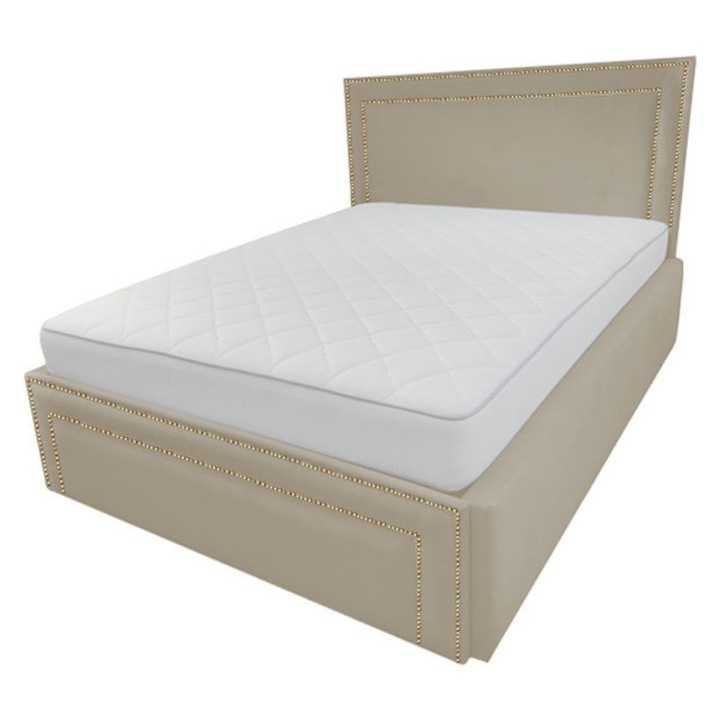 Pat tapitat Old Money, 180/200 cm, crem deschis 231, cu somiera metalica rabatabila si spatiu de depozitare