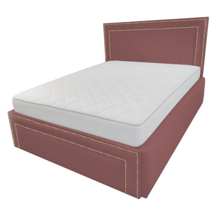 Pat tapitat Old Money, 200/200 cm, roz pudrat 254, cu somiera metalica rabatabila si spatiu de depozitare