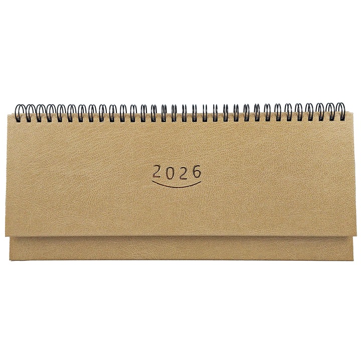 Agenda planner 2026 pentru programari, format 28 x 12 cm, 112 pagini, cu coperta de culoare crem-bej, legare cu spirala metalica