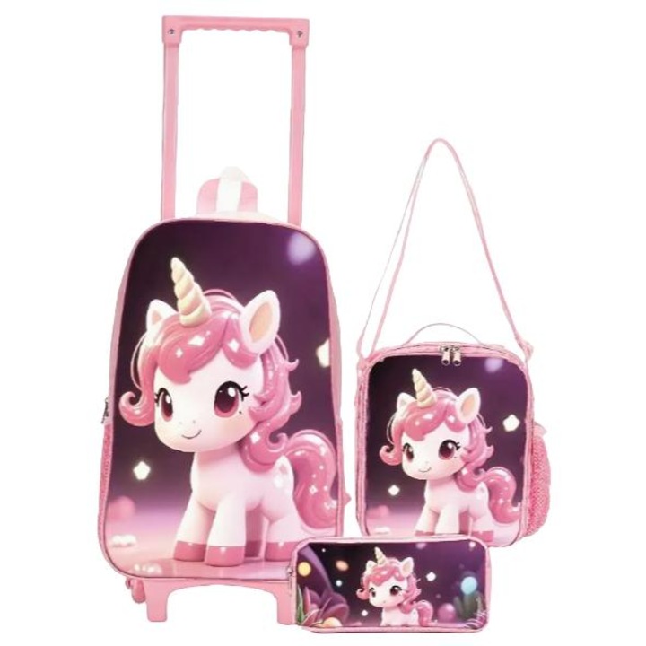 Set ghiozdan tip troller pentru fetite cu imprimeu ponei unicorn roz-mov, geanta termoizolanta pentru mancare si penar, 29 x 11 x 43