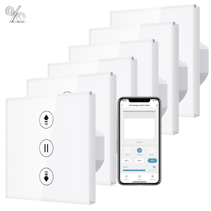 6 darab Allevoi WiFi kapcsoló készlet ablakredőnyökhöz, százalékos vezérlés, Alexa, Google Home, Smart Life kompatibilis, nullvezetéket igényel, fehér szín