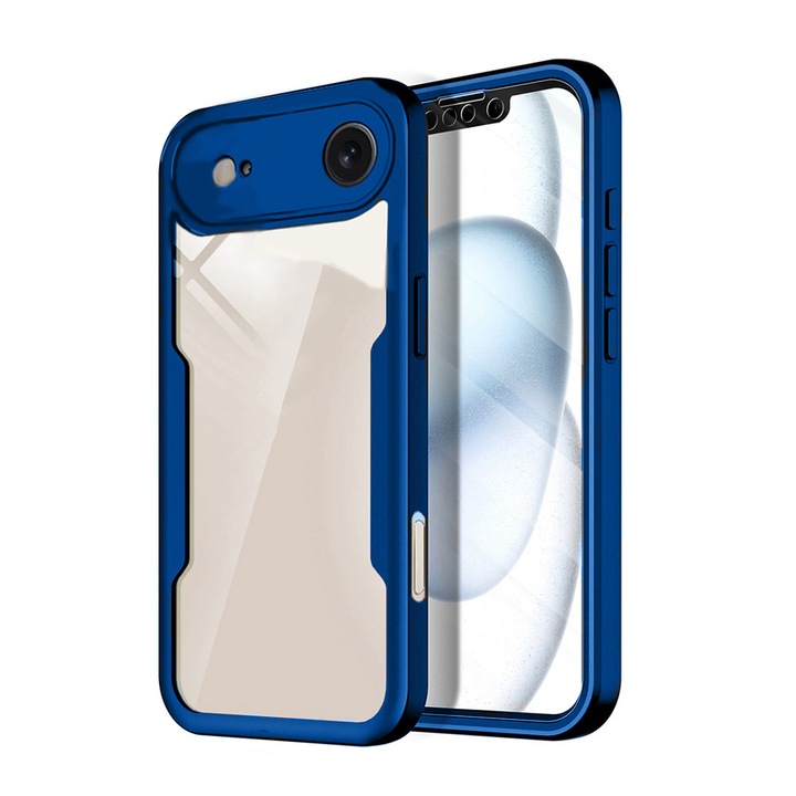 Калъф 360 градуса, съвместим с Apple iPhone 17 Air, с включен протектор за екран, удароустойчив, против пожълтяване, против надраскване, издръжлив, повдигнати ръбове от 3 мм, син/прозрачен