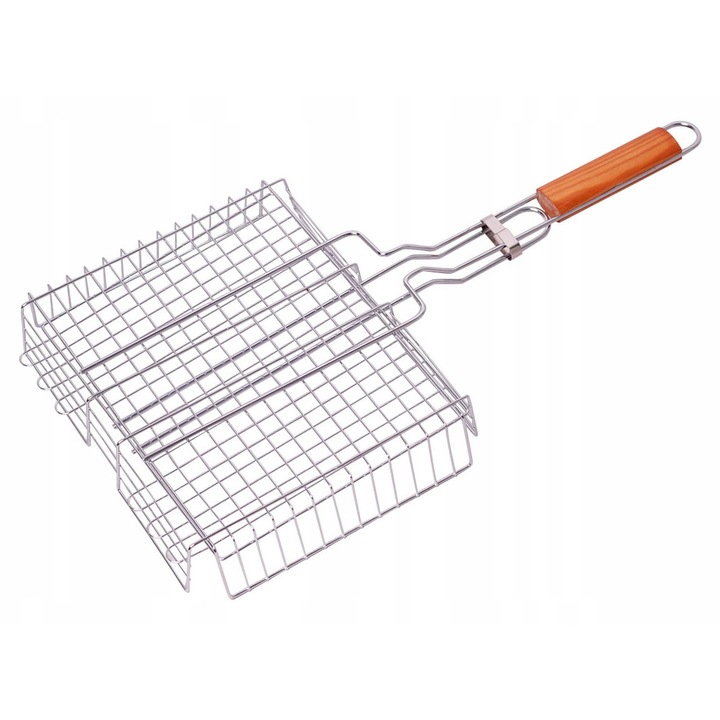 Plasa de gratar Skaut — 36 cm, cu pereti laterali si maner de lemn, dimensiunea 36x28x6cm