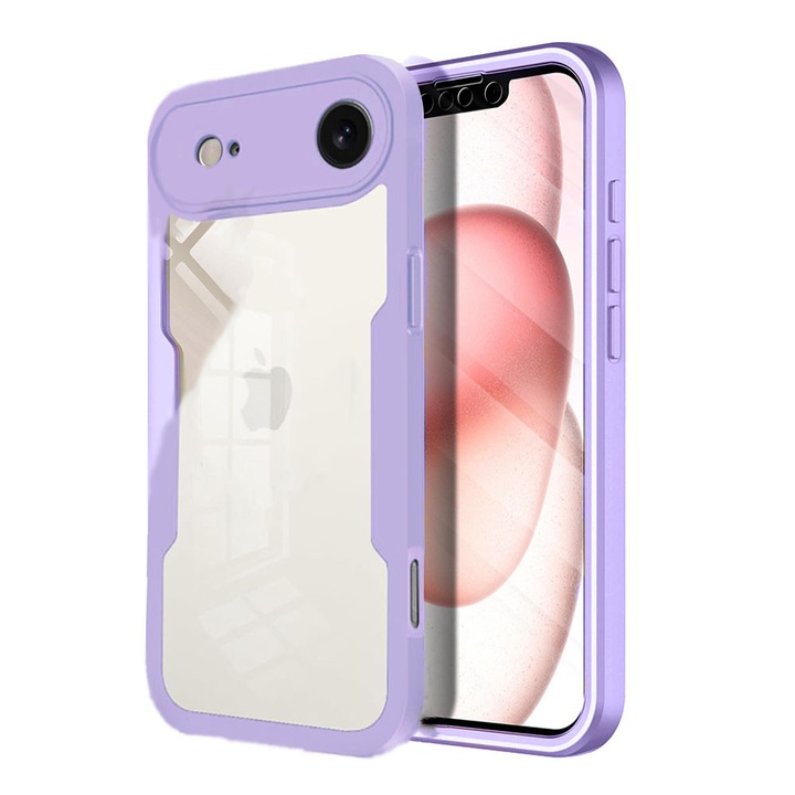 Калъф 360 градуса съвместим с Apple iPhone 17 Air, С включен протектор за екран, Удароустойчив, Против пожълтяване, Против надраскване, Издръжлив, Повдигнати ръбове от 3 мм, Лилав/Прозрачен
