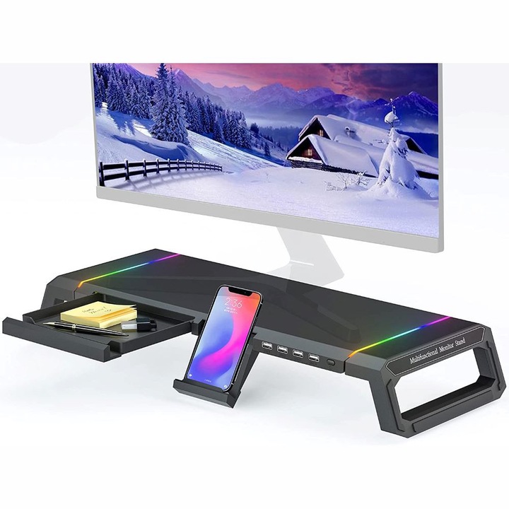 Suport Monitor si laptop, AB Luxury Concept®, cu lumini RGB reglabile si 4 Porturi USB, Tava Depozitare, Suport Telefon si Baza Antiderapanta, Ergonomic, Reglabil in 3 Moduri/Nivele, Organizator de birou Ideal pentru Gaming si nu numai, Universal, Negru
